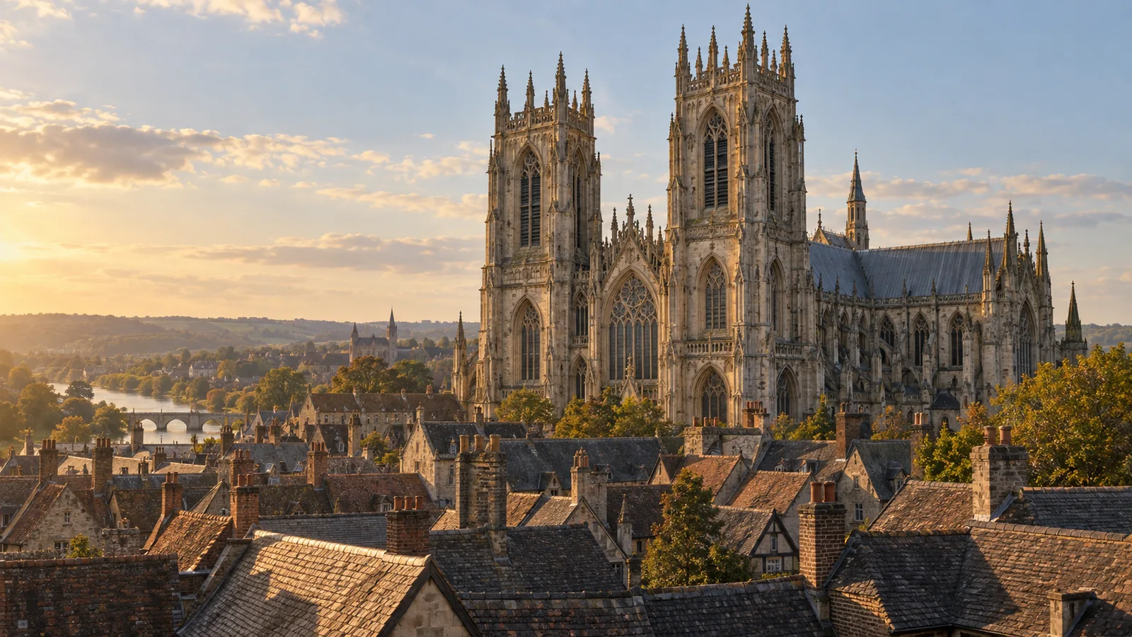 York Minster's Gothic towers seen above the city's medieval rooftops