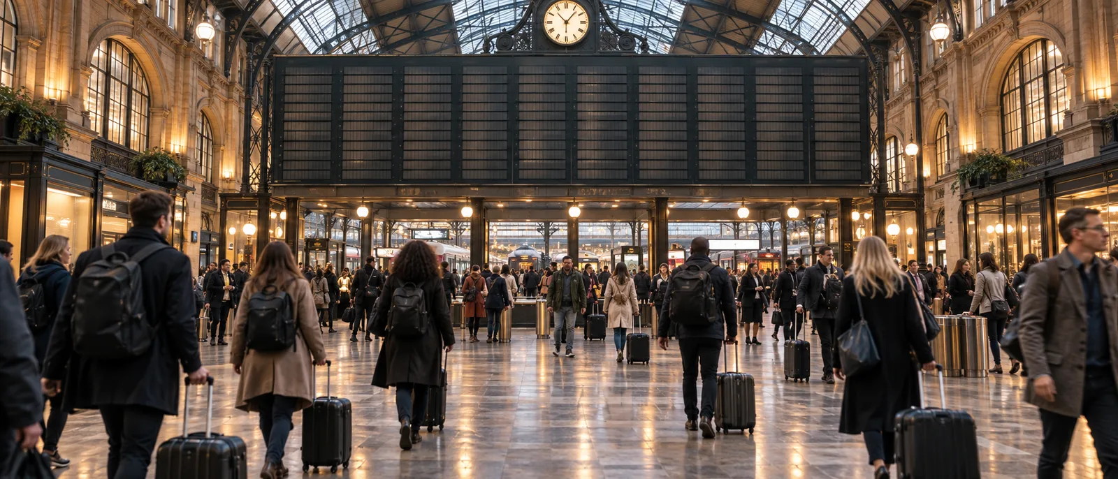 A busy British railway station ticket hall with a departures board and passengers with luggage