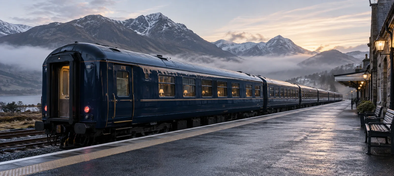 The Caledonian Sleeper train at a Highland station platform in early morning light