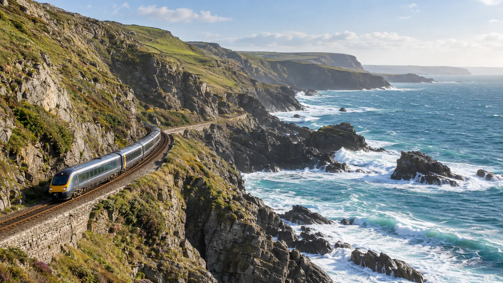 A train running along the Cornish coast near Penzance with the sea directly beside the tracks