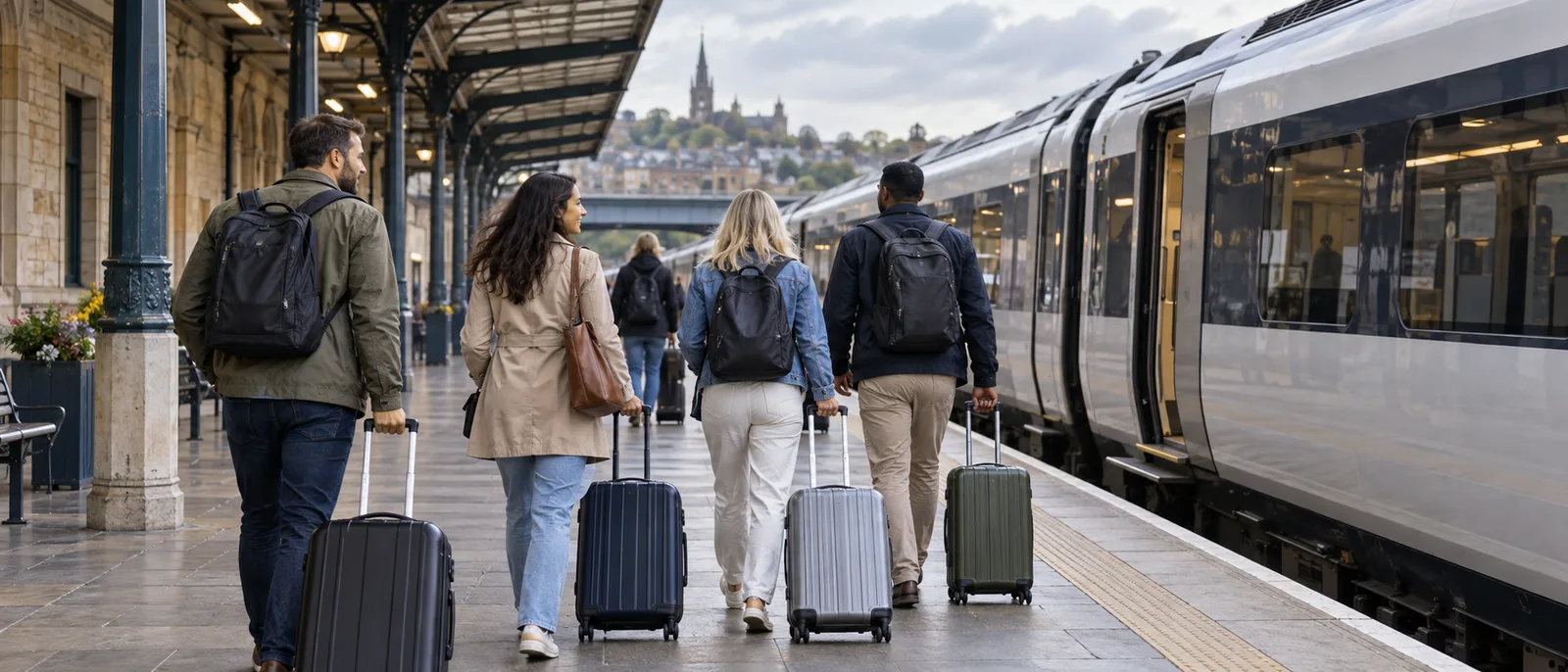 Travellers with rolling suitcases walking along a UK train platform toward a waiting intercity service