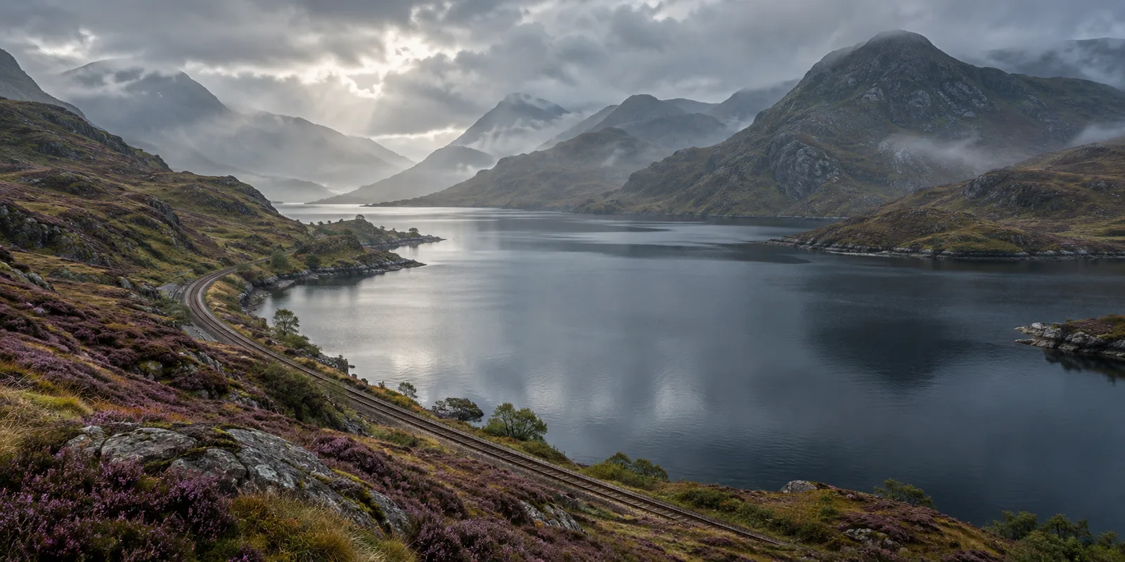 A misty Scottish Highland loch surrounded by heather-covered mountains, a small railway line visible along the shore