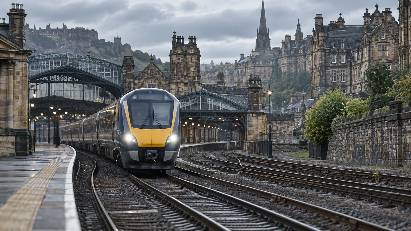 A train approaching Glasgow Central station with the city's Victorian architecture in the background