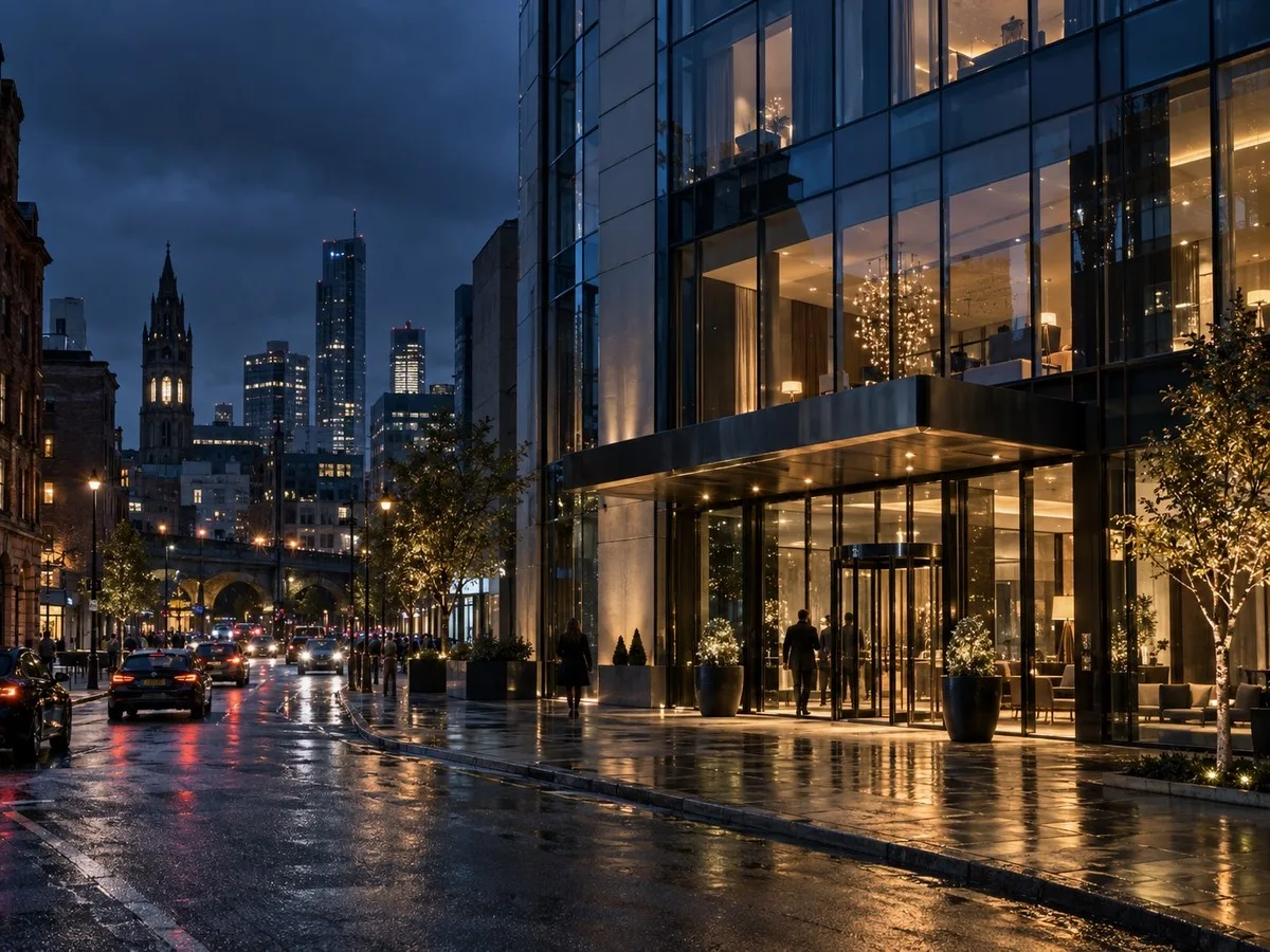 Northbank Grand — a modern glass-fronted hotel in Manchester city centre at night
