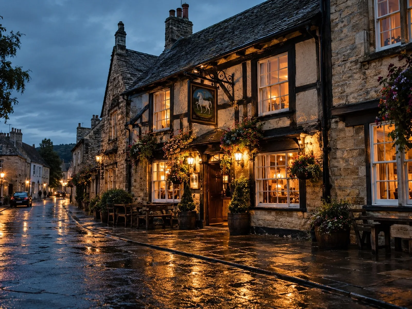 A traditional English coaching inn lit up at dusk on a wet cobbled street, hanging flower baskets either side of the door