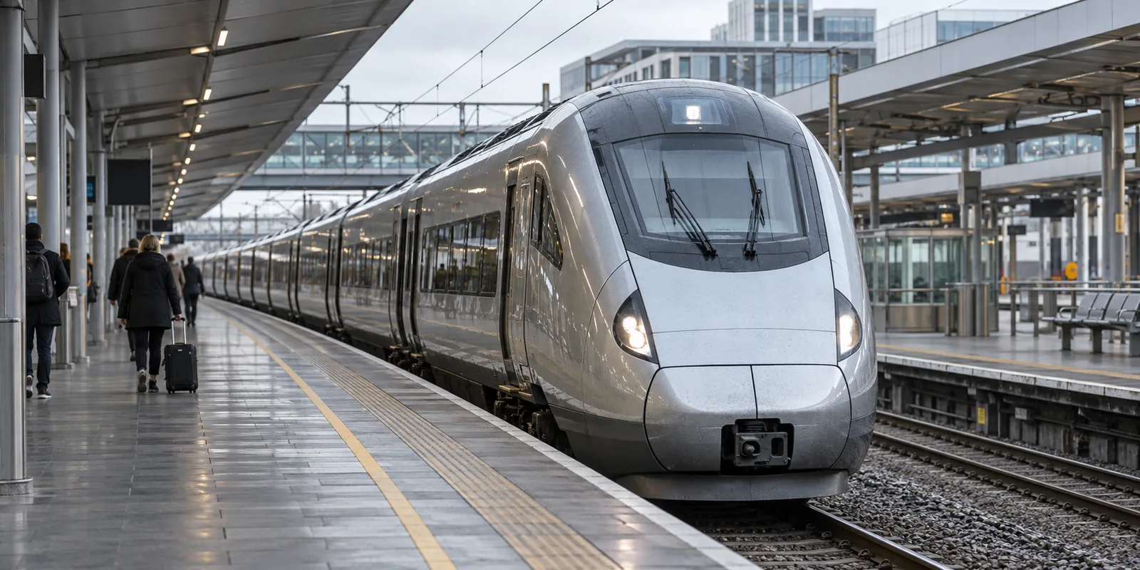 A modern intercity train arriving at Manchester Piccadilly station