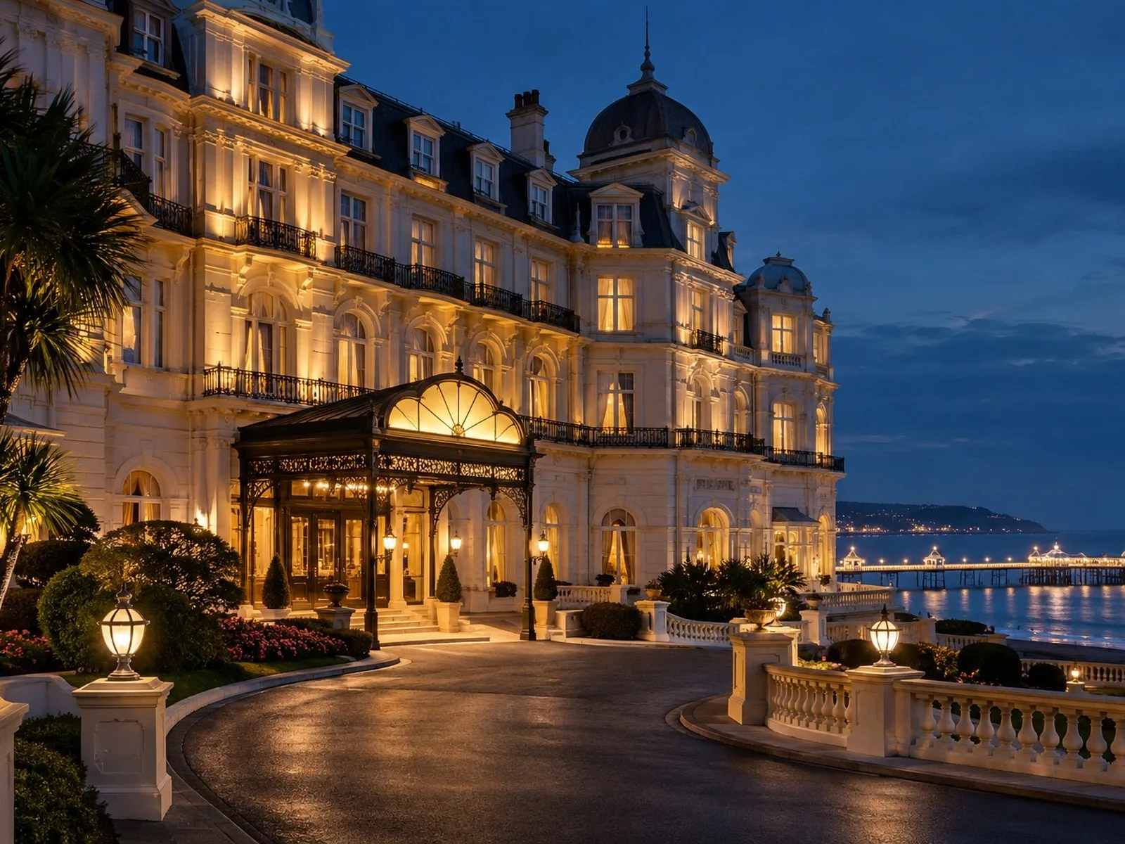 An elegant Victorian-style British seaside resort hotel lit up at night with a pier visible in the background