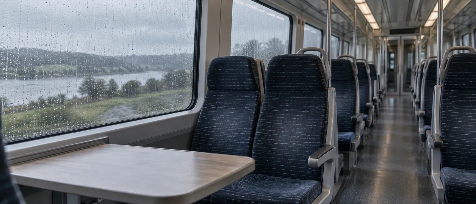 A quiet British railway carriage interior with empty seats and rain on the window