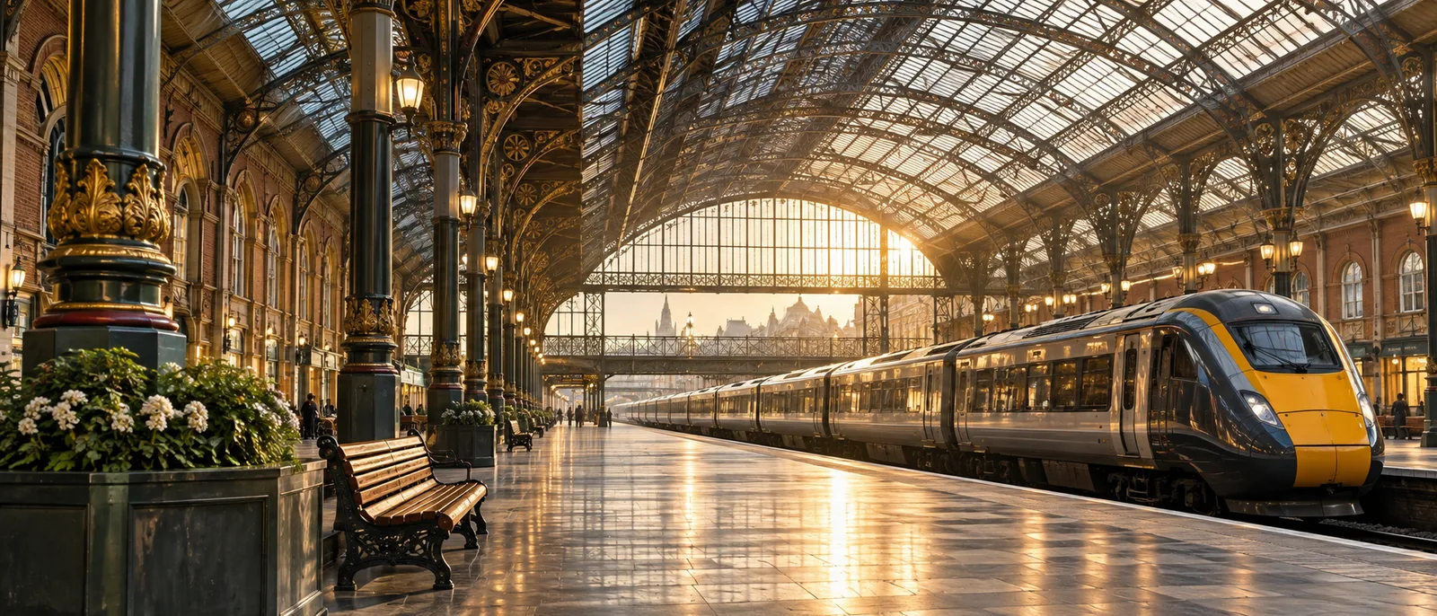 A grand Victorian-era British railway station concourse with an intercity train waiting at the platform
