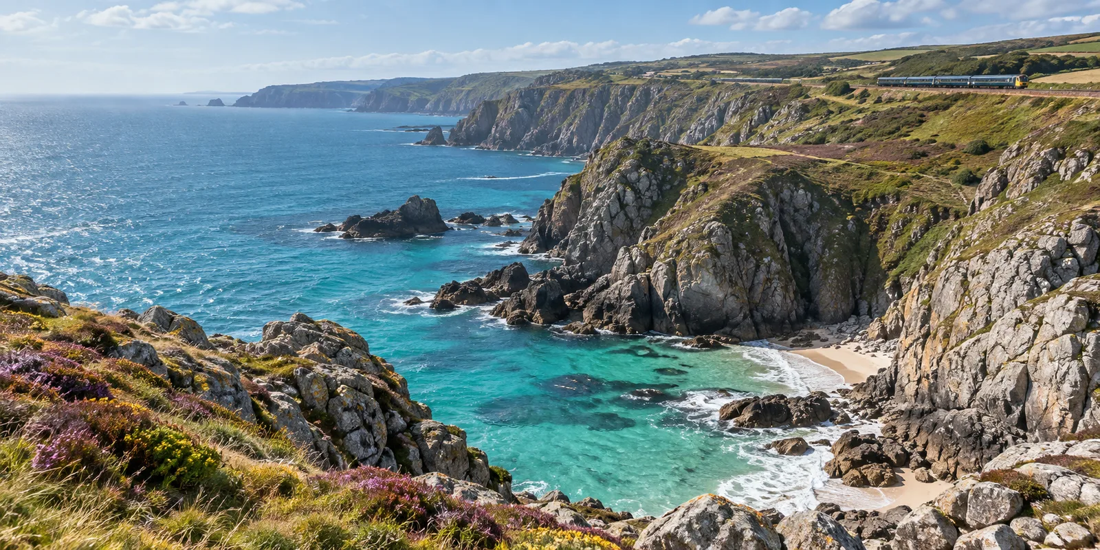 A dramatic Cornish coastline with turquoise water and granite cliffs, a coastal railway line running along the clifftop