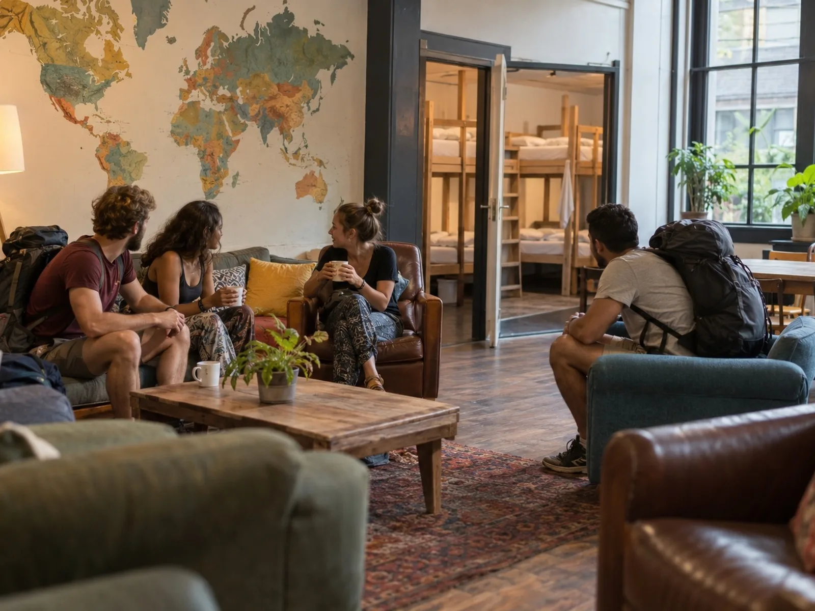 Backpackers with rucksacks relaxing in a hostel common room with a world map on the wall and bunk beds visible through an open doorway
