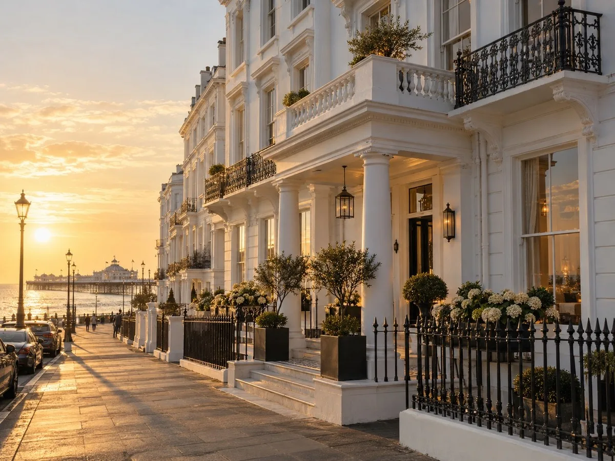 The Clarence Hotel — a white Regency seafront hotel in Brighton at golden hour