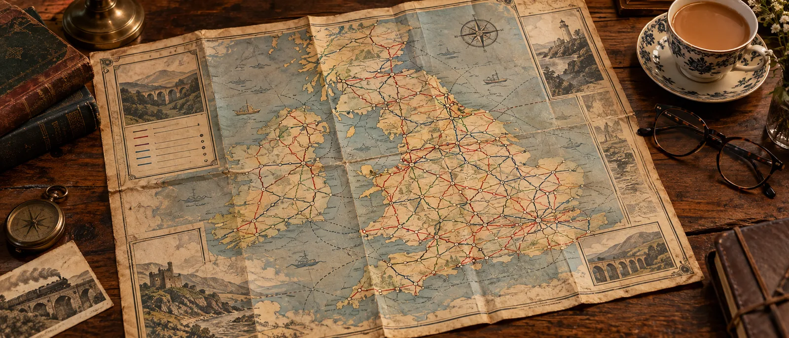 A vintage-style British rail network map spread out on a wooden table with a cup of tea beside it