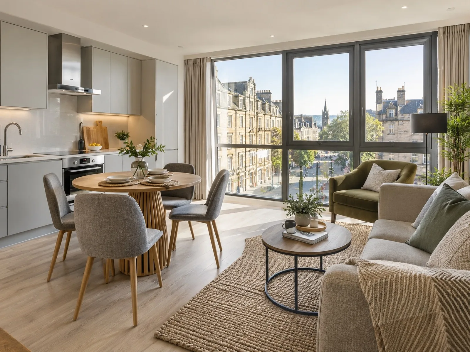 A modern self-catering apartment in a UK city with an open-plan kitchen, dining table and large windows overlooking a street