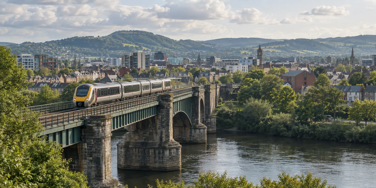 A train crossing the Severn into Wales with Cardiff's cityscape visible ahead