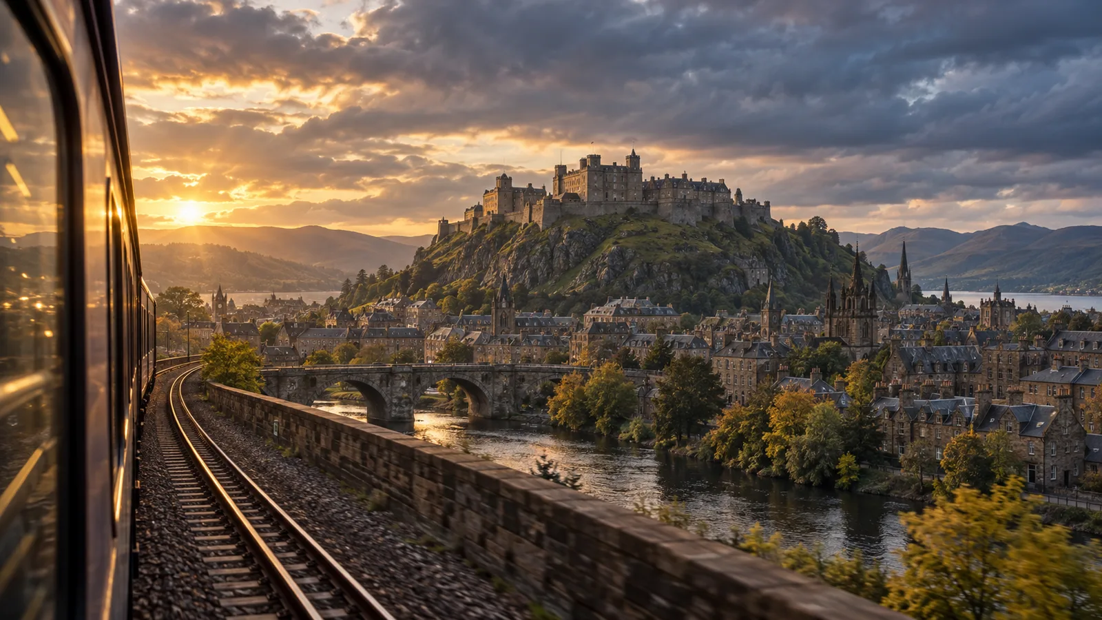 Edinburgh's skyline with the castle on its hill, seen from the train approaching Waverley station
