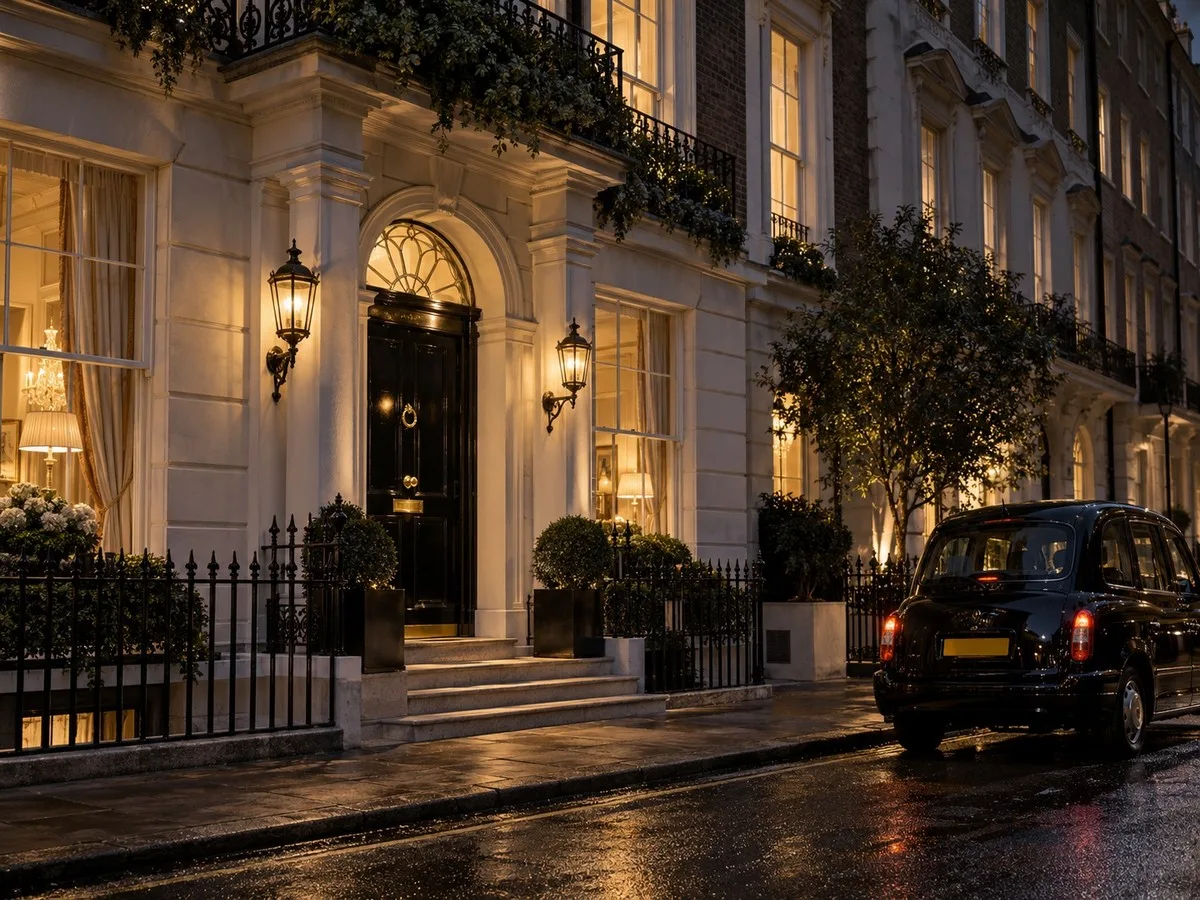 The Carlton, Mayfair — an elegant London townhouse hotel entrance at night