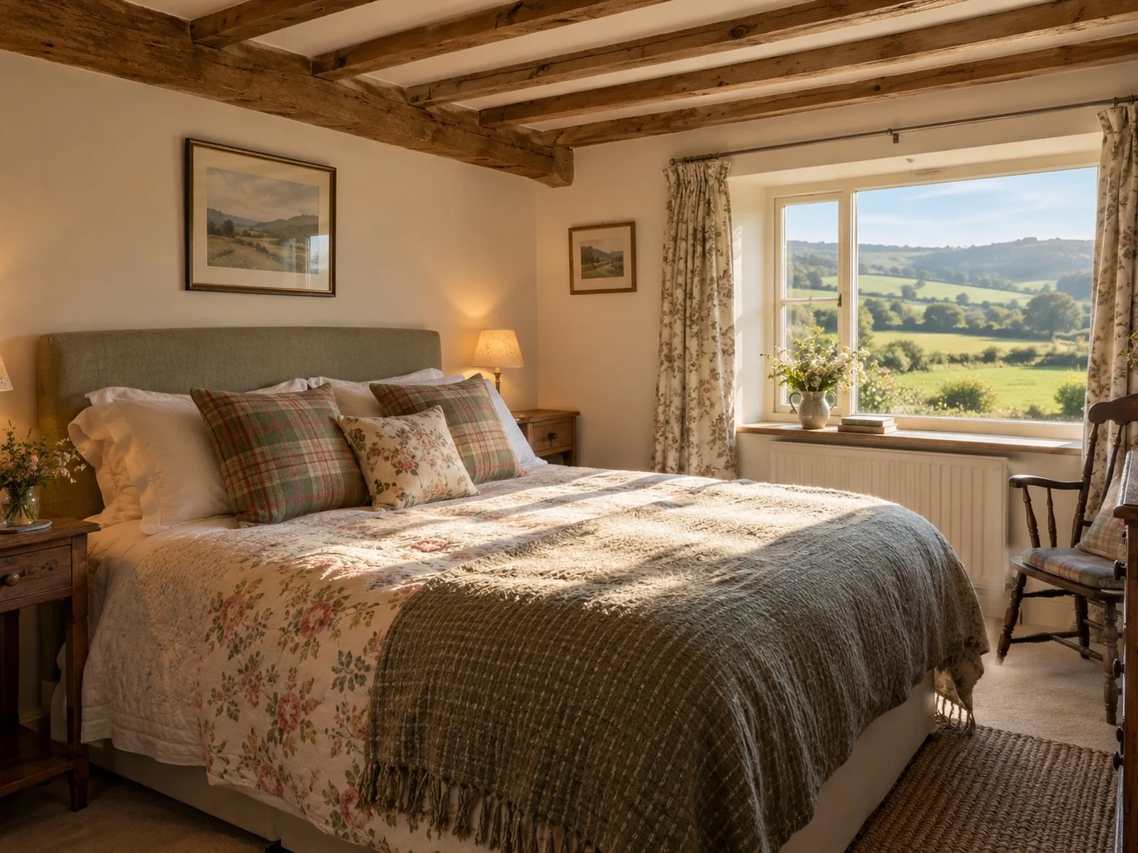 A cosy countryside bed and breakfast bedroom with exposed wooden beams, a floral quilt and a window overlooking green hills