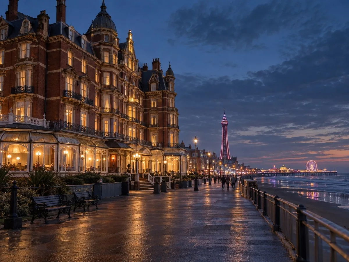 Empress Pier Hotel — a grand Victorian seafront hotel in Blackpool at dusk