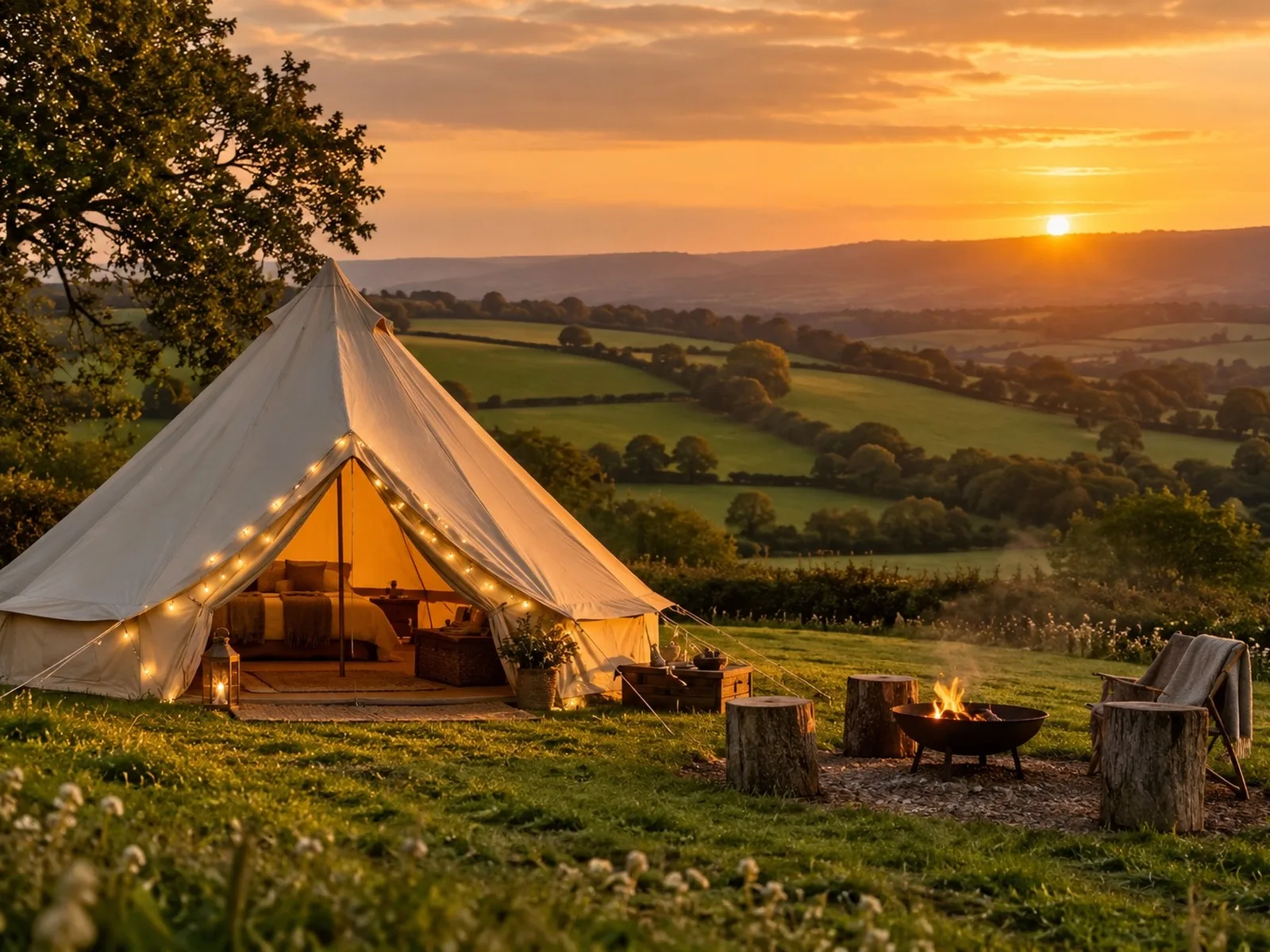 A canvas bell tent glamping pod in the English countryside at golden hour with string lights and a fire pit nearby