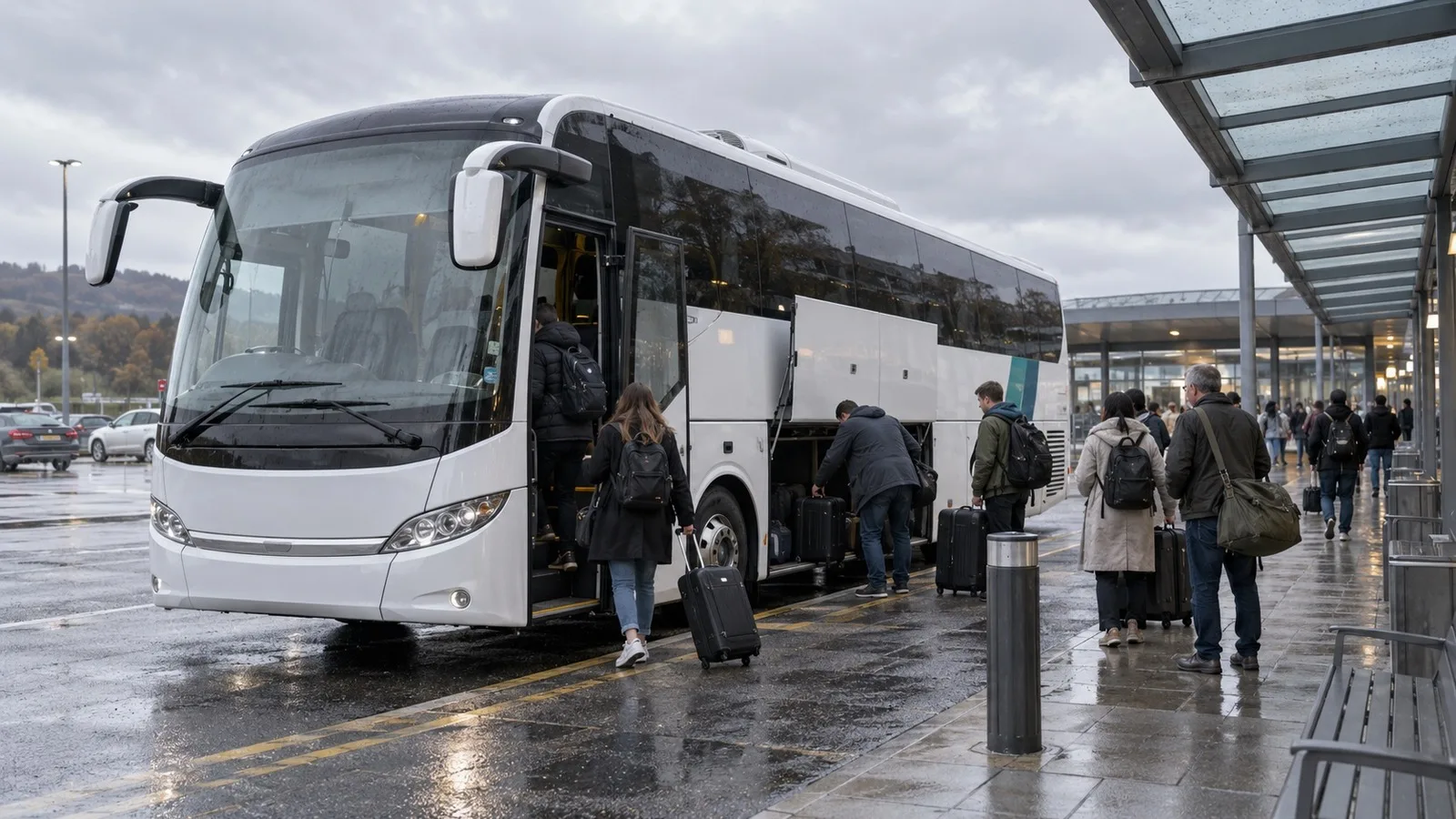 Passengers boarding an intercity coach with luggage at a UK coach station on a rainy day